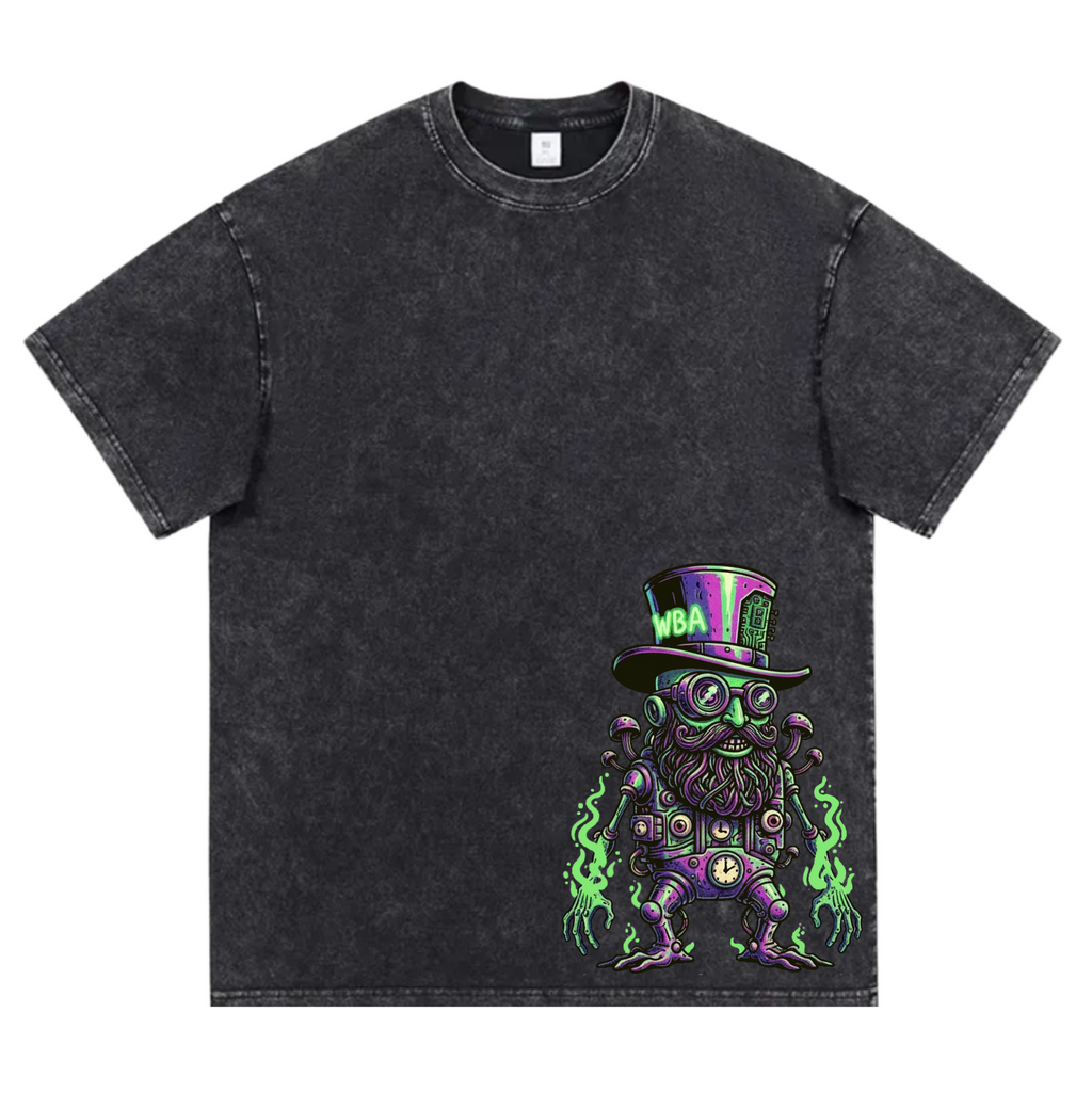 Black t-shirt with a graphic design on the front and text on the back, displayed on a white background.