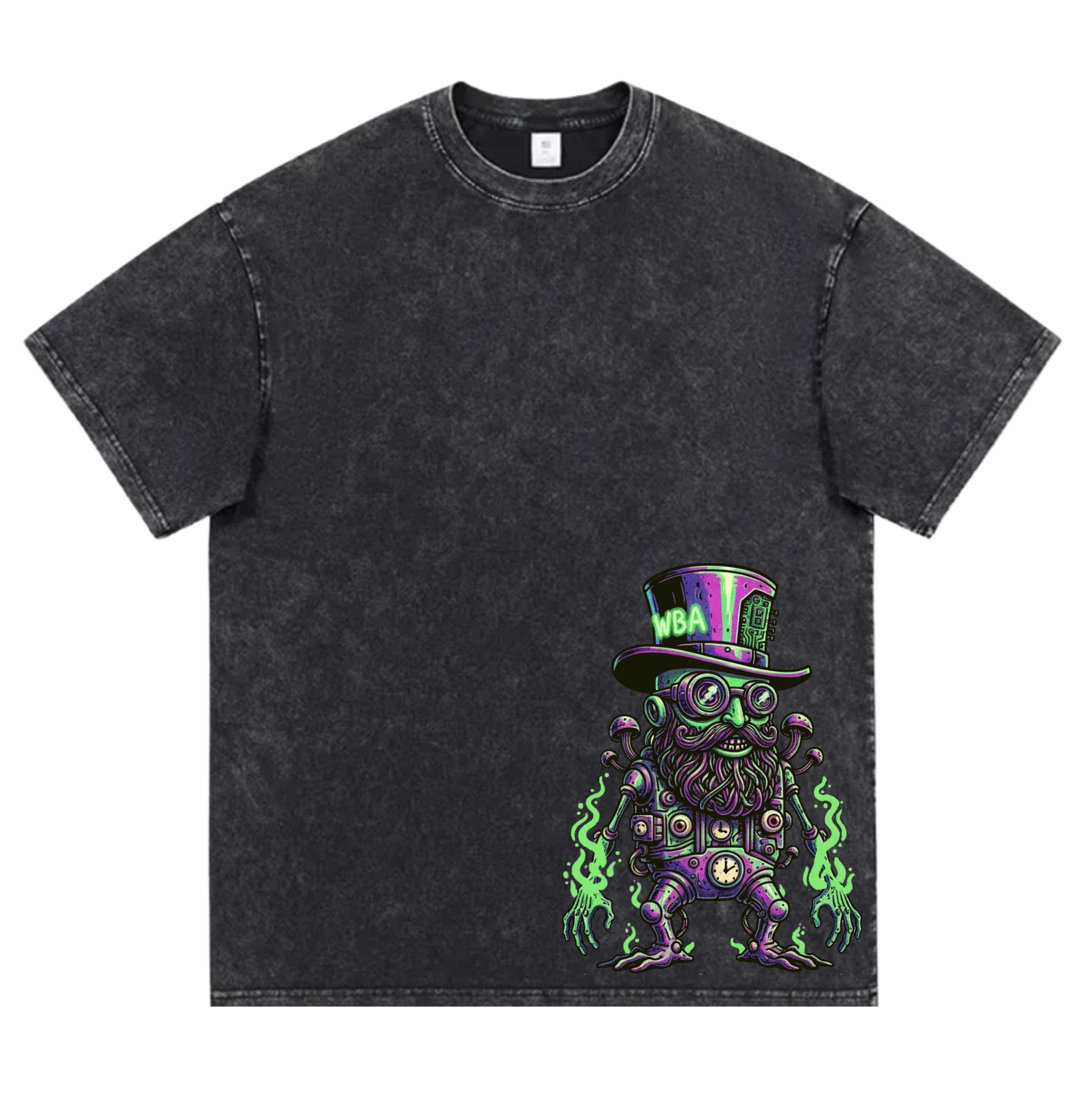 Black t-shirt with a graphic design on the front and text on the back, displayed on a white background.