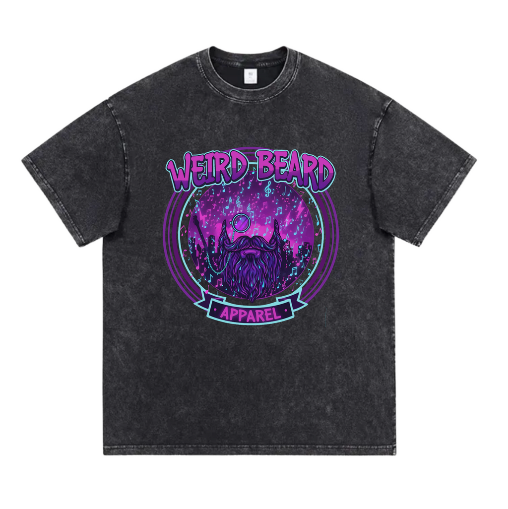 Black t-shirt with purple graphic design on a white background