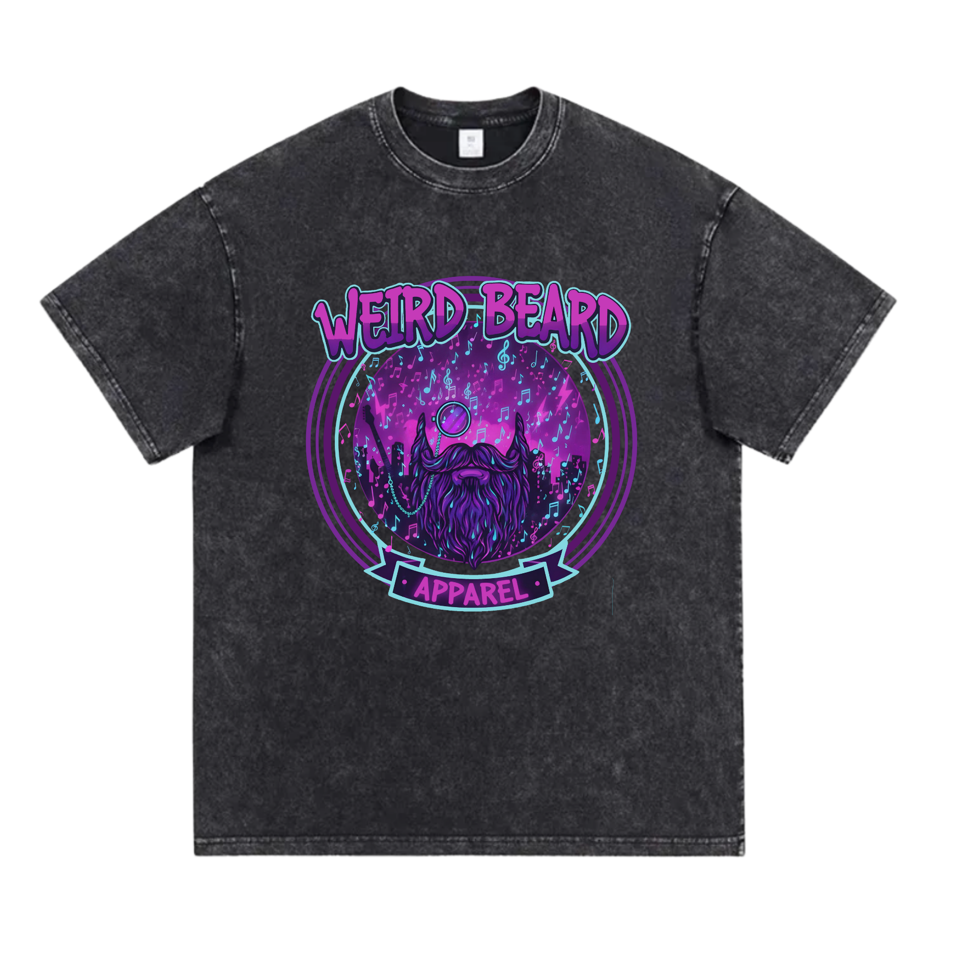 Black t-shirt with purple graphic design on a white background