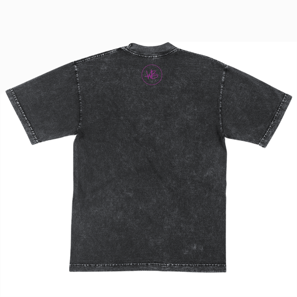 Black t-shirt with purple graphic design on a white background