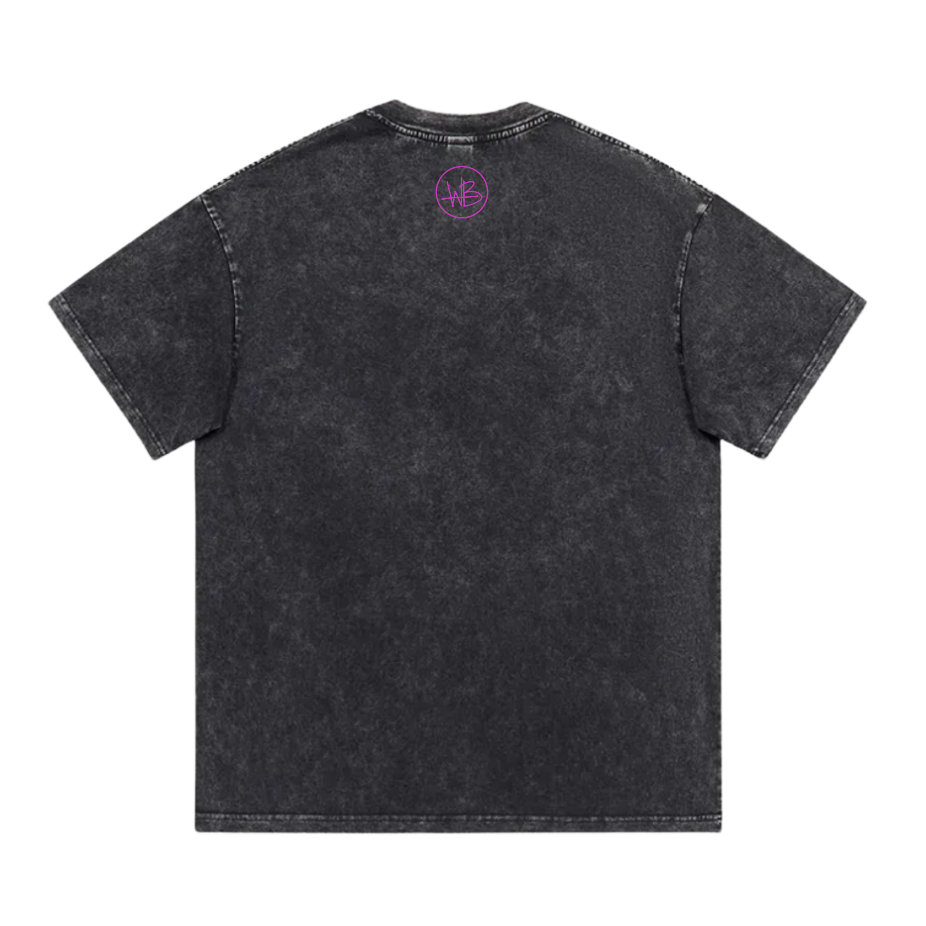 Black t-shirt with purple musical graphic design on a white background
