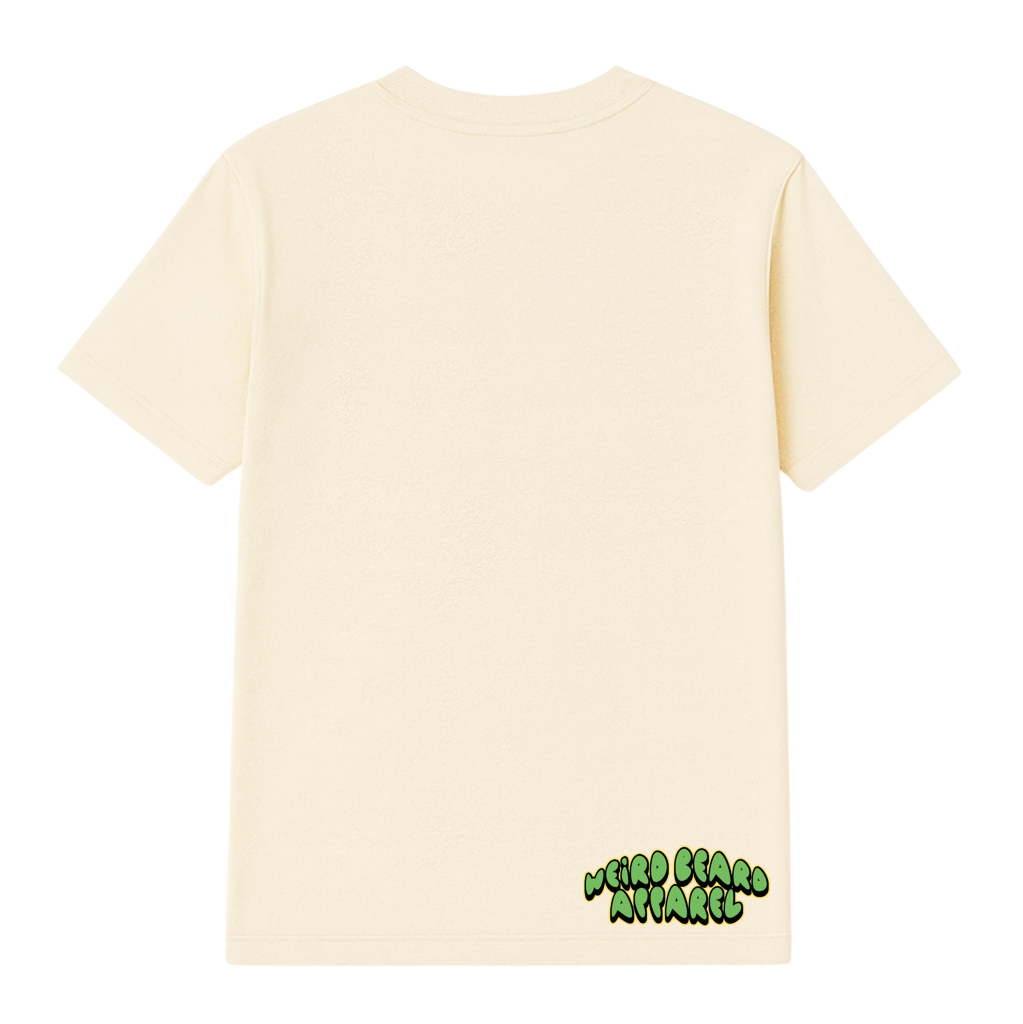 Beige t-shirt with a small graphic on the front and text on the back, displayed from front and back views.